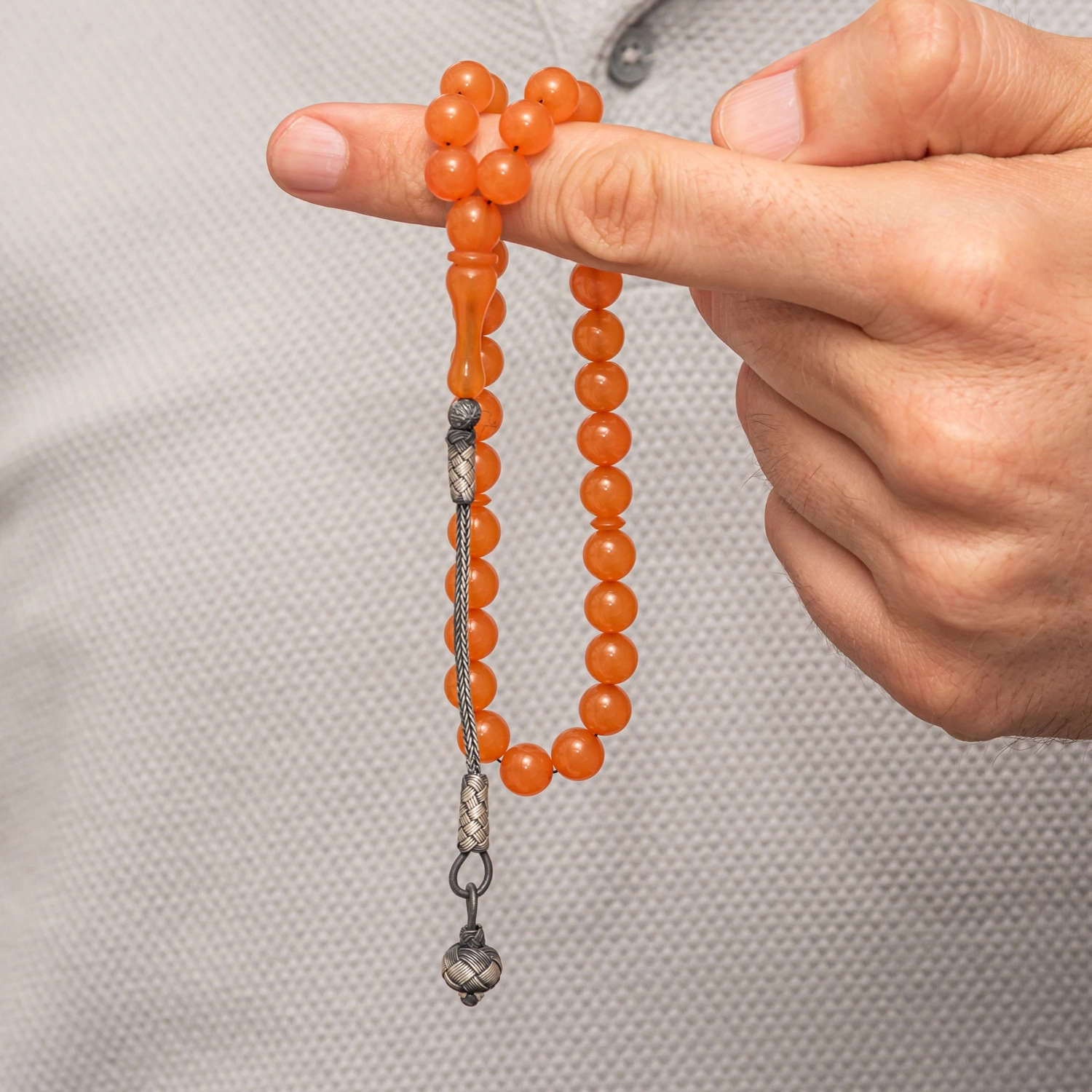 Gümüş Top Kazaz Püsküllü Turuncu Sıkma Kehribar Tesbih