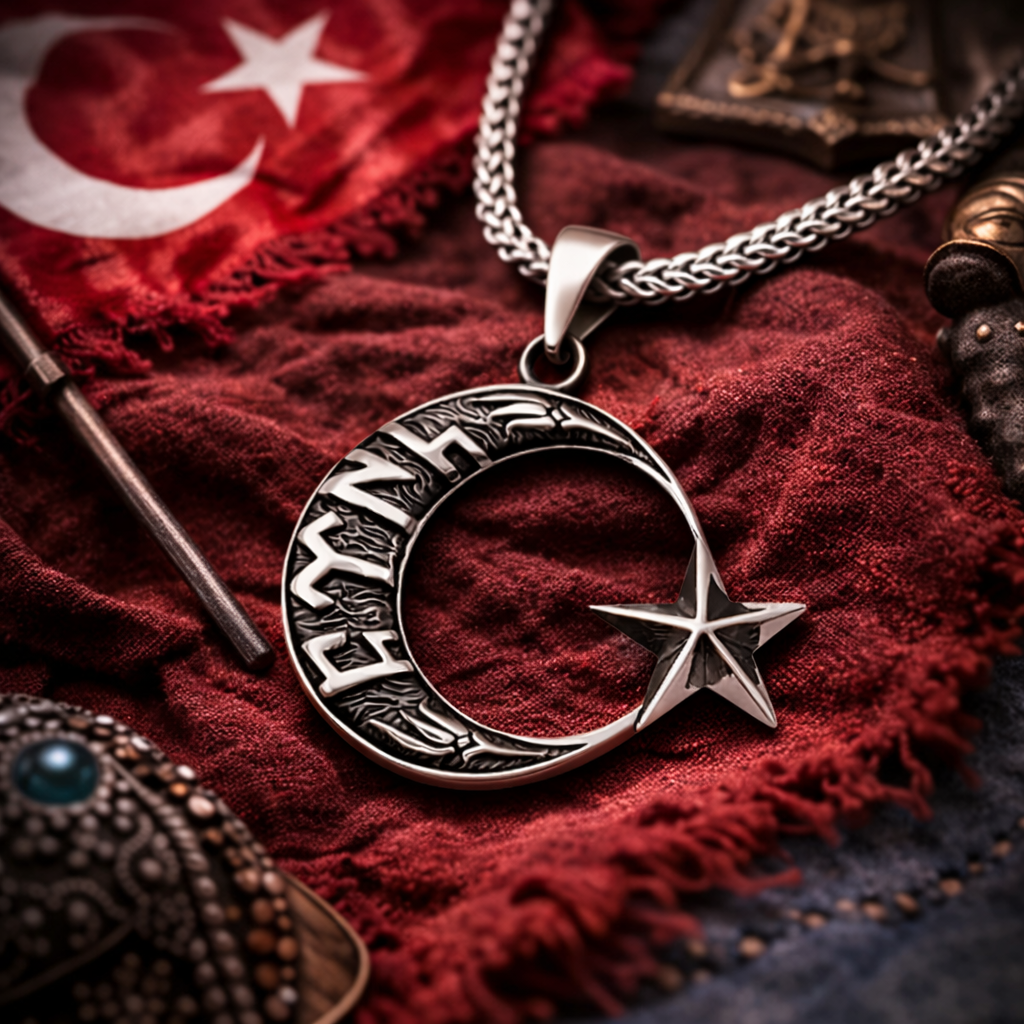 Gümüş Göktürkçe Türk Yazılı Ay Yıldız Erkek Kolye