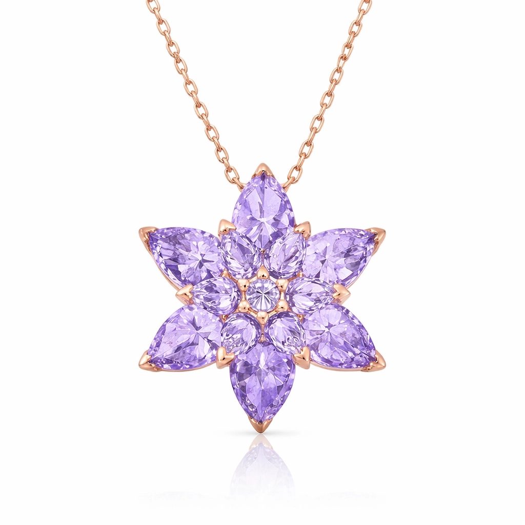 Gümüş Rose Lila Lotus Çiçeği Kolye