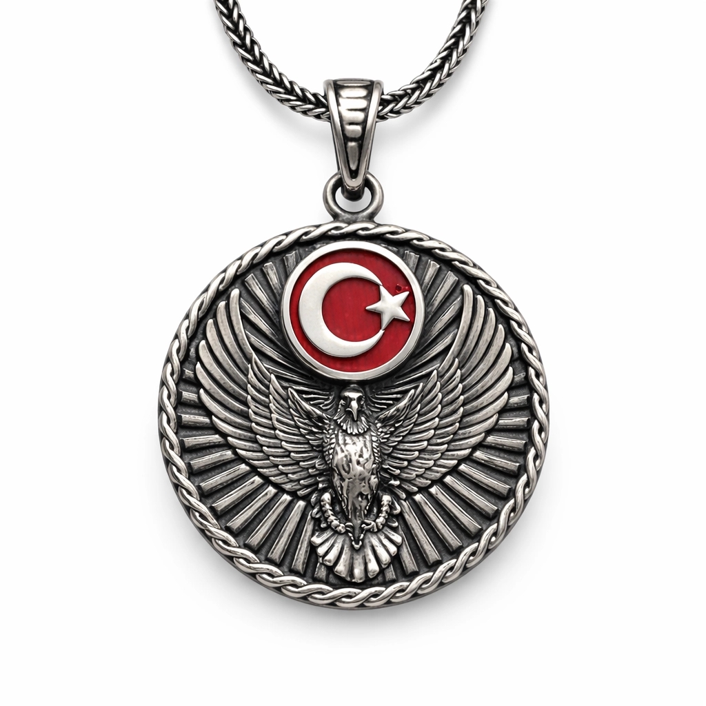 Gümüş Türk Kartalı ve Ay Yıldız Motifli Erkek Kolye