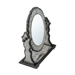 Gümüş Çiçek Desenli Oval Çift Taraflı Ayna - Thumbnail