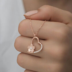 Gümüş Rose Çiçekli Kalp Kadın Kolye - Thumbnail