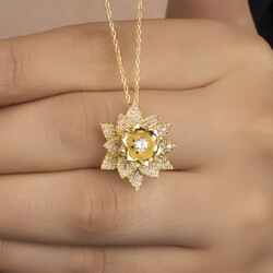 Gümüş Gold Beyaz Taşlı Lotus Çiçeği Kadın Kolye - Thumbnail