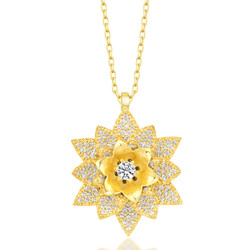 Gümüş Gold Beyaz Taşlı Lotus Çiçeği Kadın Kolye - Thumbnail