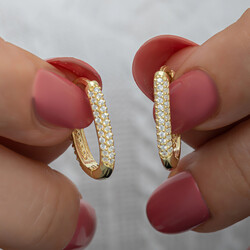 Gümüş Gold Çift Sıra Beyaz Taşlı J Kadın Küpe - Thumbnail