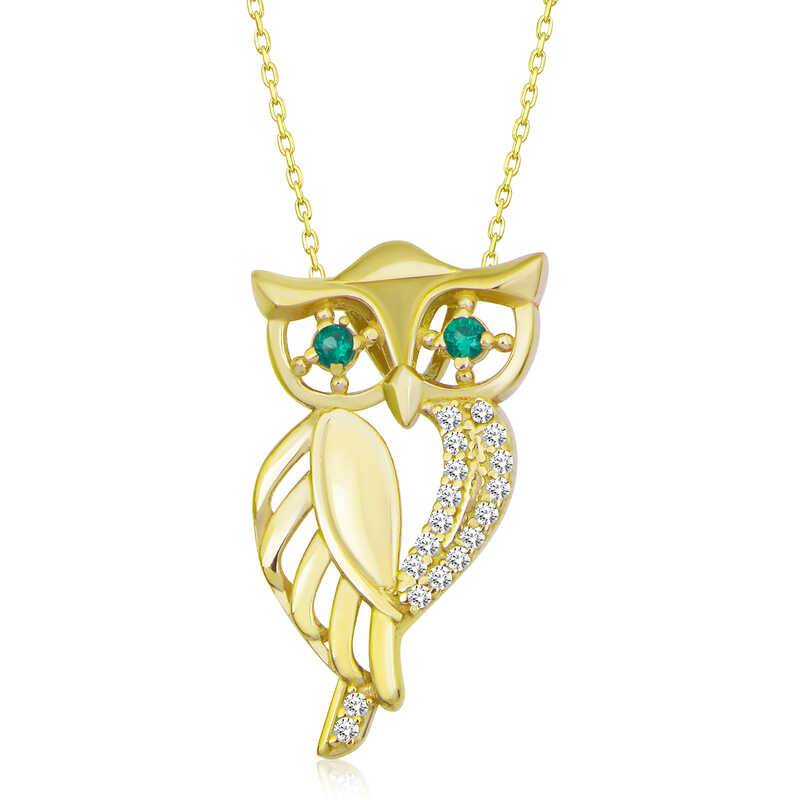 Gümüş Gold Yeşil Gözlü Baykuş Kadın Kolye