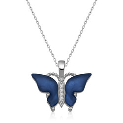 Gumush - Gümüş Mavi Kaplangözü Taşlı Kelebek Kolye