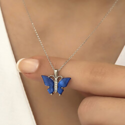 Gümüş Mavi Kaplangözü Taşlı Kelebek Kolye - Thumbnail