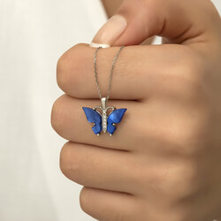 Gümüş Mavi Kaplangözü Taşlı Kelebek Kolye - Thumbnail