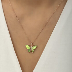 Gümüş Yeşil Kaplangözü Taşlı Kelebek Kolye - Thumbnail