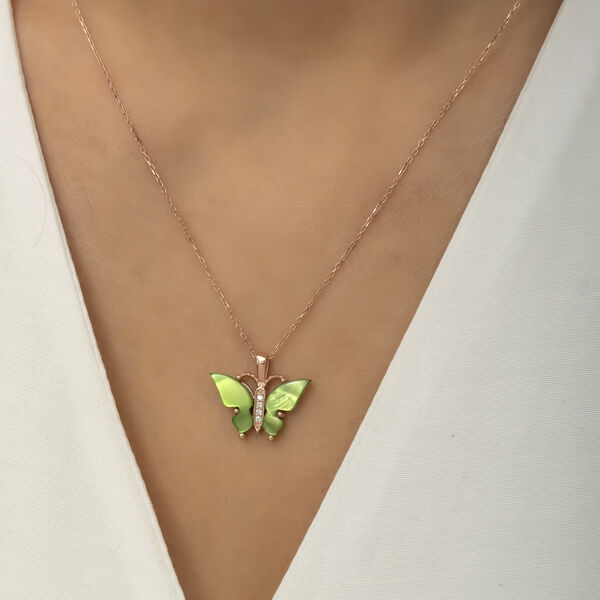 Gümüş Yeşil Kaplangözü Taşlı Kelebek Kolye