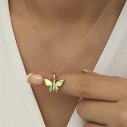 Gümüş Yeşil Kaplangözü Taşlı Kelebek Kolye - Thumbnail