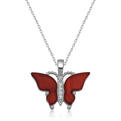 Gümüş Kırmızı Kaplangözü Taşlı Kelebek Kolye - Thumbnail