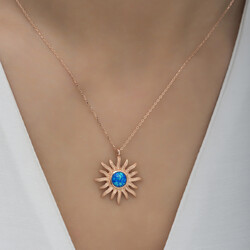 ​Gümüş Mavi Opal Taşlı Güneş Kadın Kolye - Thumbnail