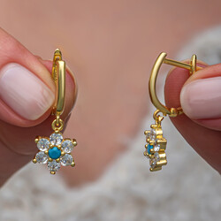 Gumush - Gümüş Mavi Taşlı Gold Çiçek Kadın Set (1)