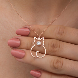 Gümüş Nisan Ayı Doğum Taşı Kedi Kadın Kolye - Thumbnail