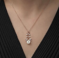 Gümüş Rose Beyaz Bahar Çiçeği Kolye - Thumbnail
