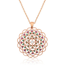 Gümüş Rose Geometrik Desenli Madalyon Kolye - Thumbnail