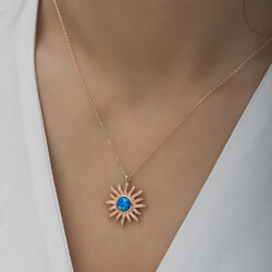 ​Gümüş Rose Mavi Opal Taşlı Güneş Kadın Kolye - Thumbnail