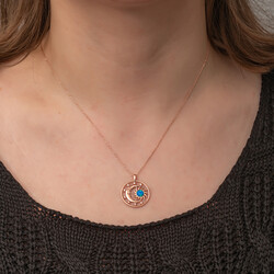 Gümüş Rose Opal Mavi Taşlı Ay Güneş Kadın Kolye - Thumbnail