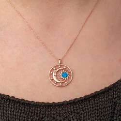 Gümüş Rose Opal Mavi Taşlı Ay Güneş Kadın Kolye - Thumbnail