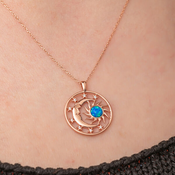 Gümüş Rose Opal Mavi Taşlı Ay Güneş Kadın Kolye
