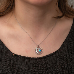Gümüş Opal Mavi Taşlı Ay Güneş Kadın Kolye - Thumbnail