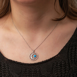 Gümüş Opal Mavi Taşlı Ay Güneş Kadın Kolye - Thumbnail