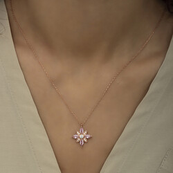 Gümüş Rose Pembe Taşlı Umut Çiçeği Kolye - Thumbnail