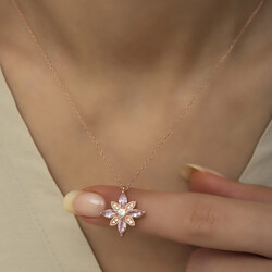 Gümüş Rose Pembe Taşlı Umut Çiçeği Kolye - Thumbnail