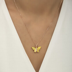 Gümüş Rose Sarı Kaplangözü Taşlı Kelebek Kolye - Thumbnail