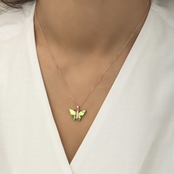 Gümüş Rose Yeşil Kaplangözü Taşlı Kelebek Kolye
