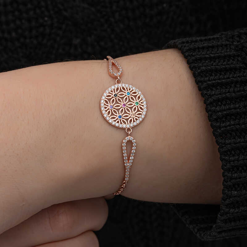 ​gümüş Rose Renkli Yaşam Çiçeği Kadın Bileklik