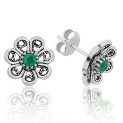 Gümüş Yeşil Telkari Çiçek Çivili Küpe - Thumbnail
