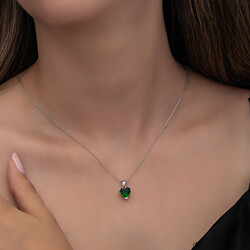 Gümüş Yeşil Taşlı Kalpli Kadın Kolye - Thumbnail