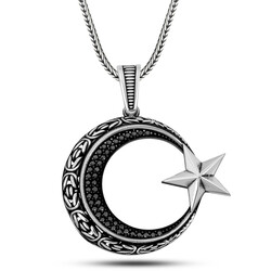Gumush - Gümüş Zirkon Taşlı Motifli Ay Yıldız Erkek Kolye