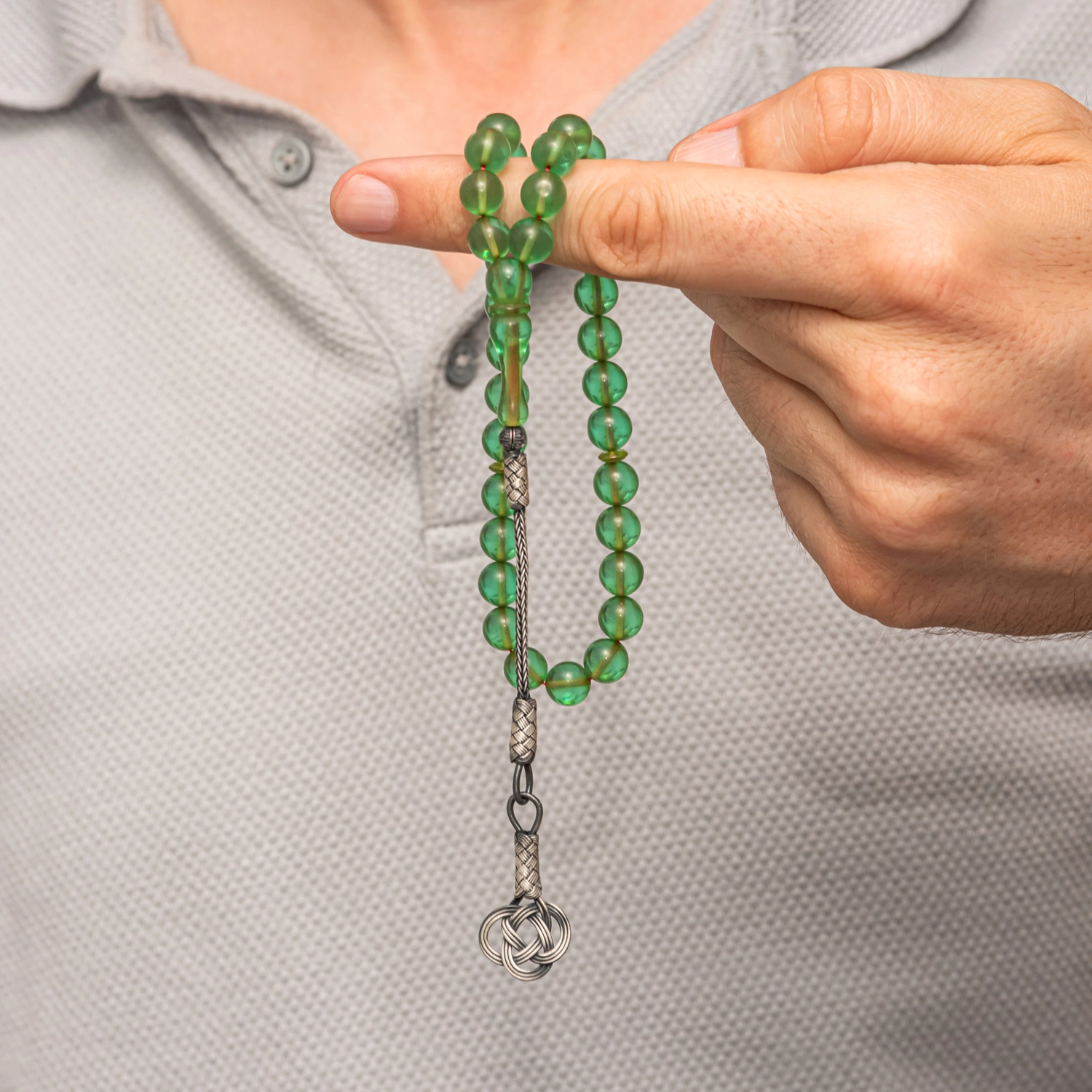 Gümüş Kazaz Püsküllü Yeşil Sıkma Kehribar Tesbih