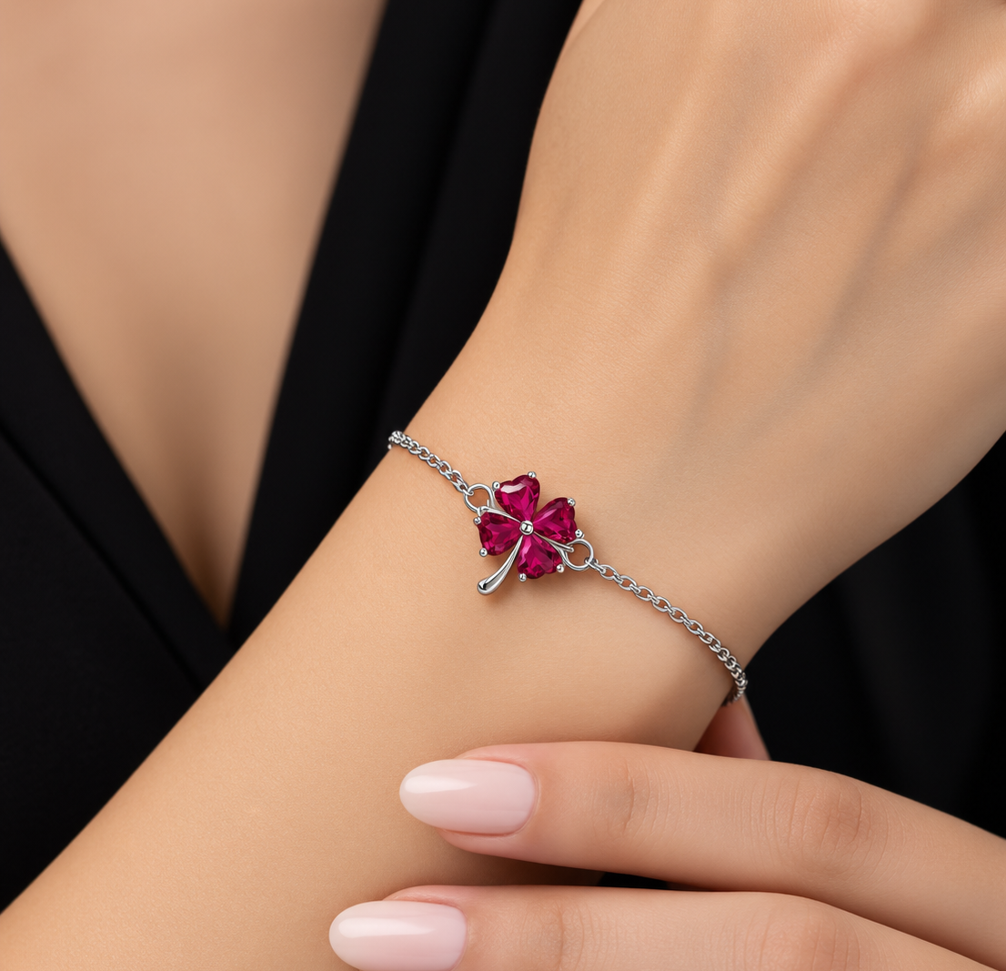 Gümüş Koyu Pembe Taşlı Yonca Kadın Bileklik