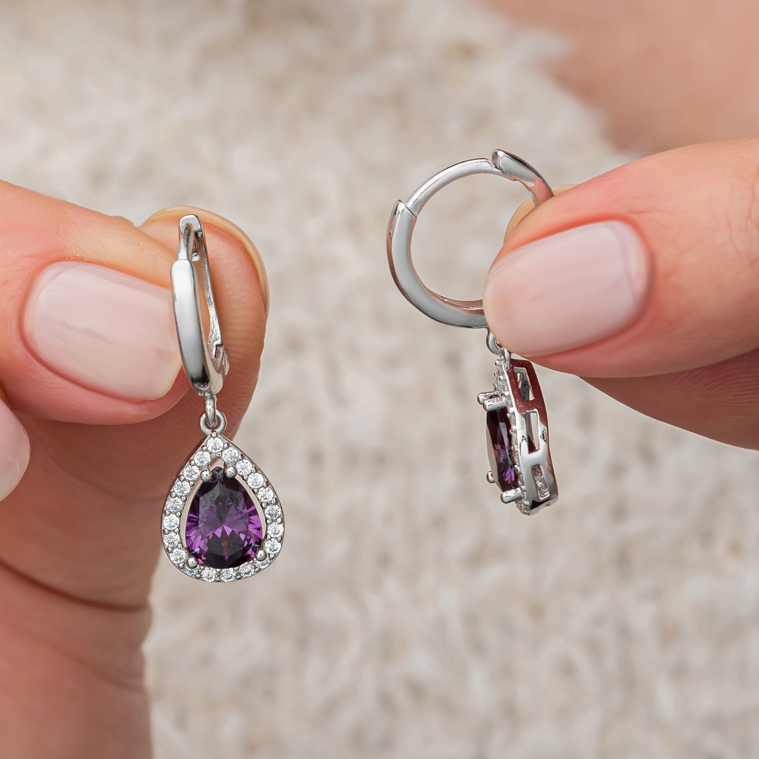 Gümüş Mor Zirkon Taşlı Damla Kadın Set
