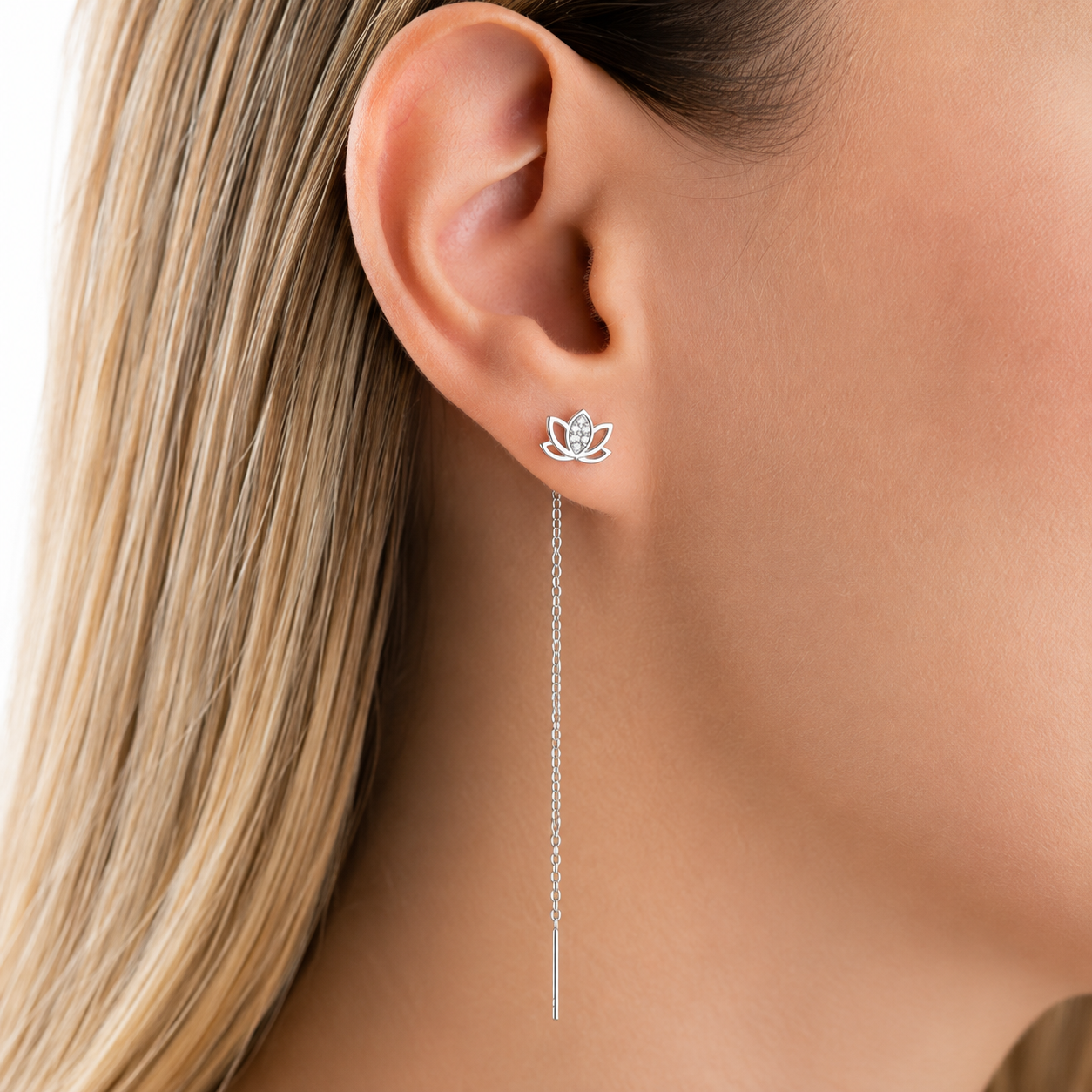 Sallantılı Gümüş Lotus Kadın Küpe – 8 cm Zincir Detaylı — Nes Altın — görsel 3
