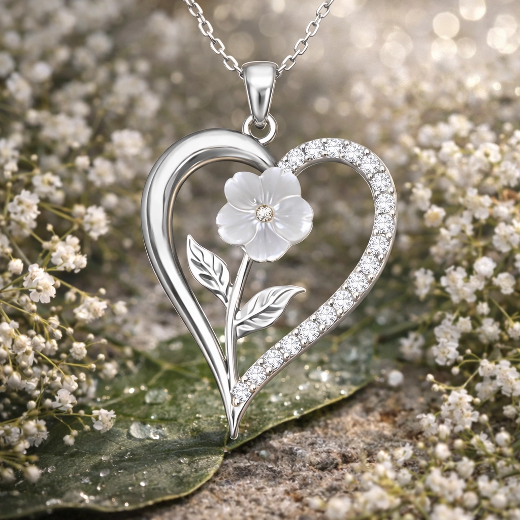 Gümüş Kalpli Beyaz Gül Kadın Kolye