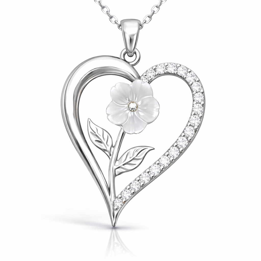 Gümüş Kalpli Beyaz Gül Kadın Kolye