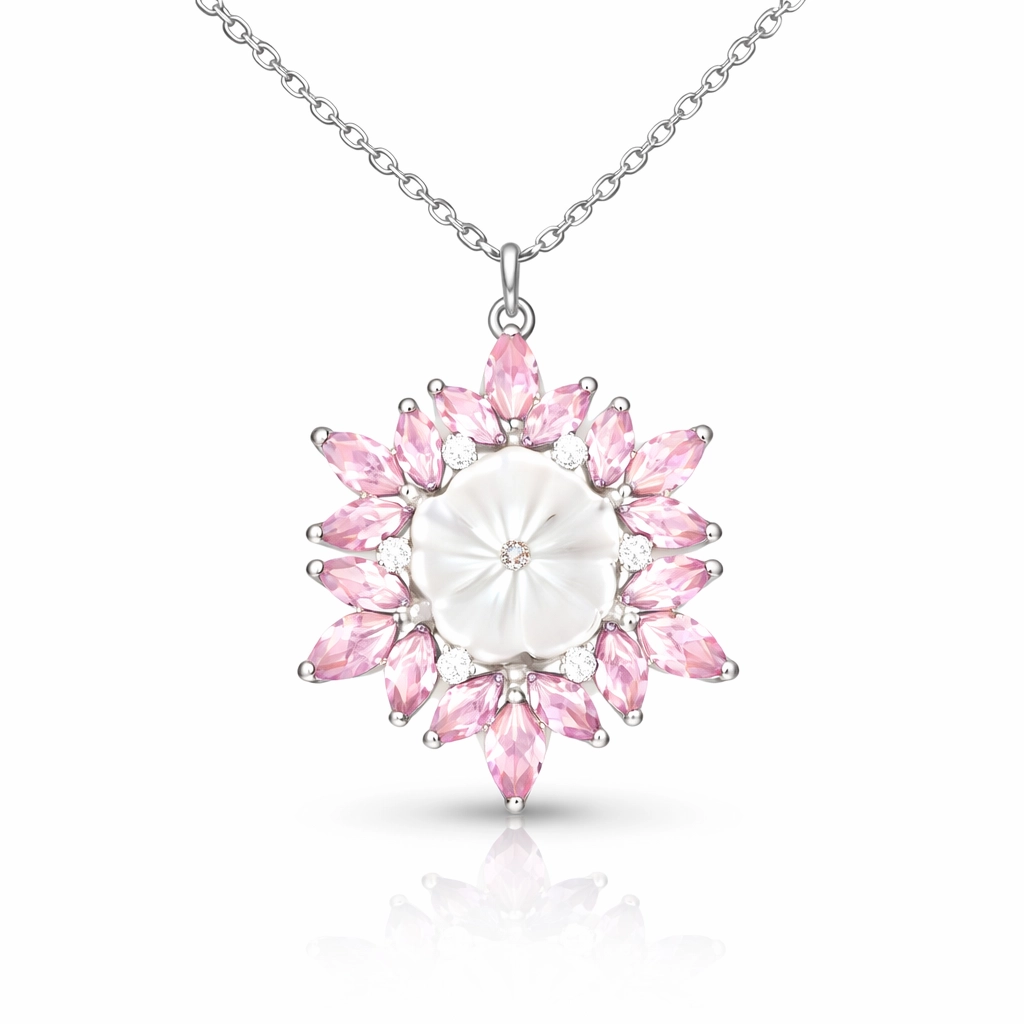 Gümüş Pembe Lotus Desenli Çiçek Kadın Kolye