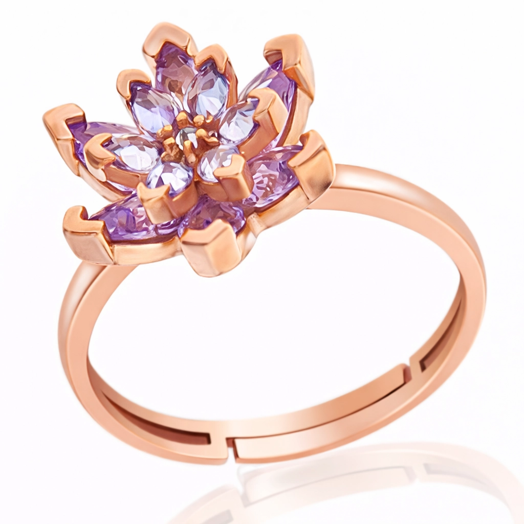 Gümüş Rose Lila Taşlı Lotus Çiçeği Kadın Yüzük