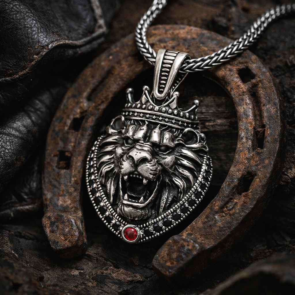 Gümüş Taçlı Aslan Figürlü Erkek Kolye