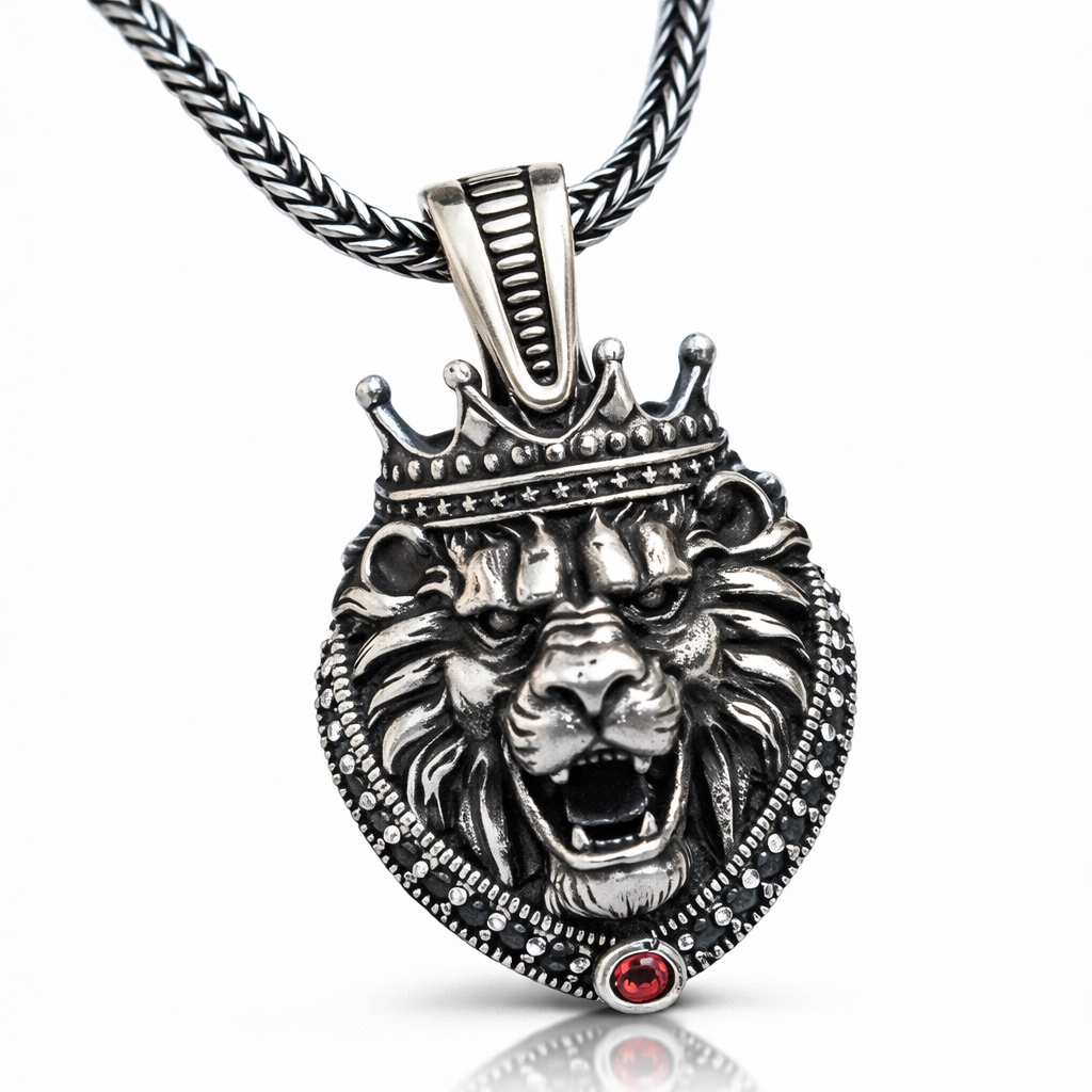 Gümüş Taçlı Aslan Figürlü Erkek Kolye