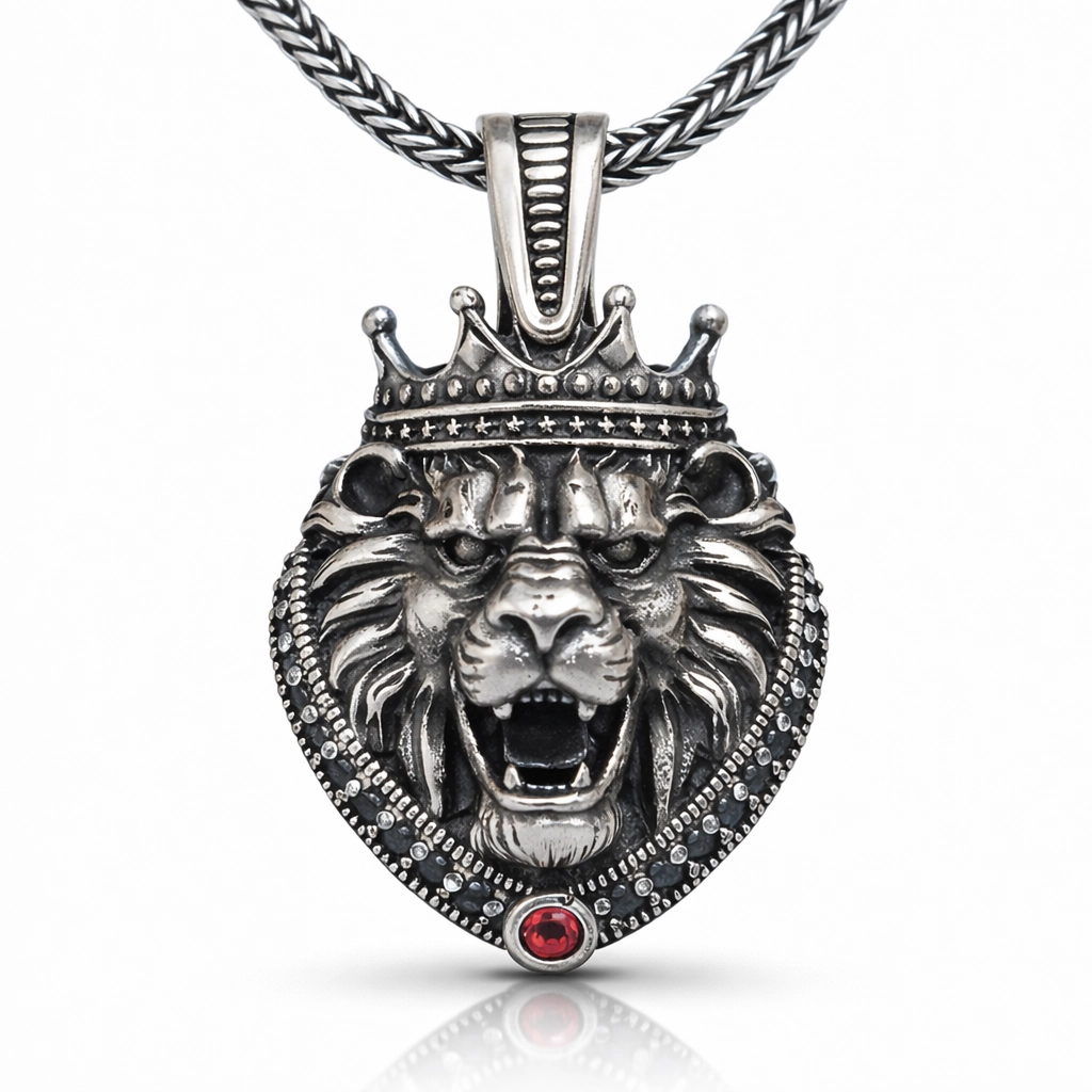 Gümüş Taçlı Aslan Figürlü Erkek Kolye