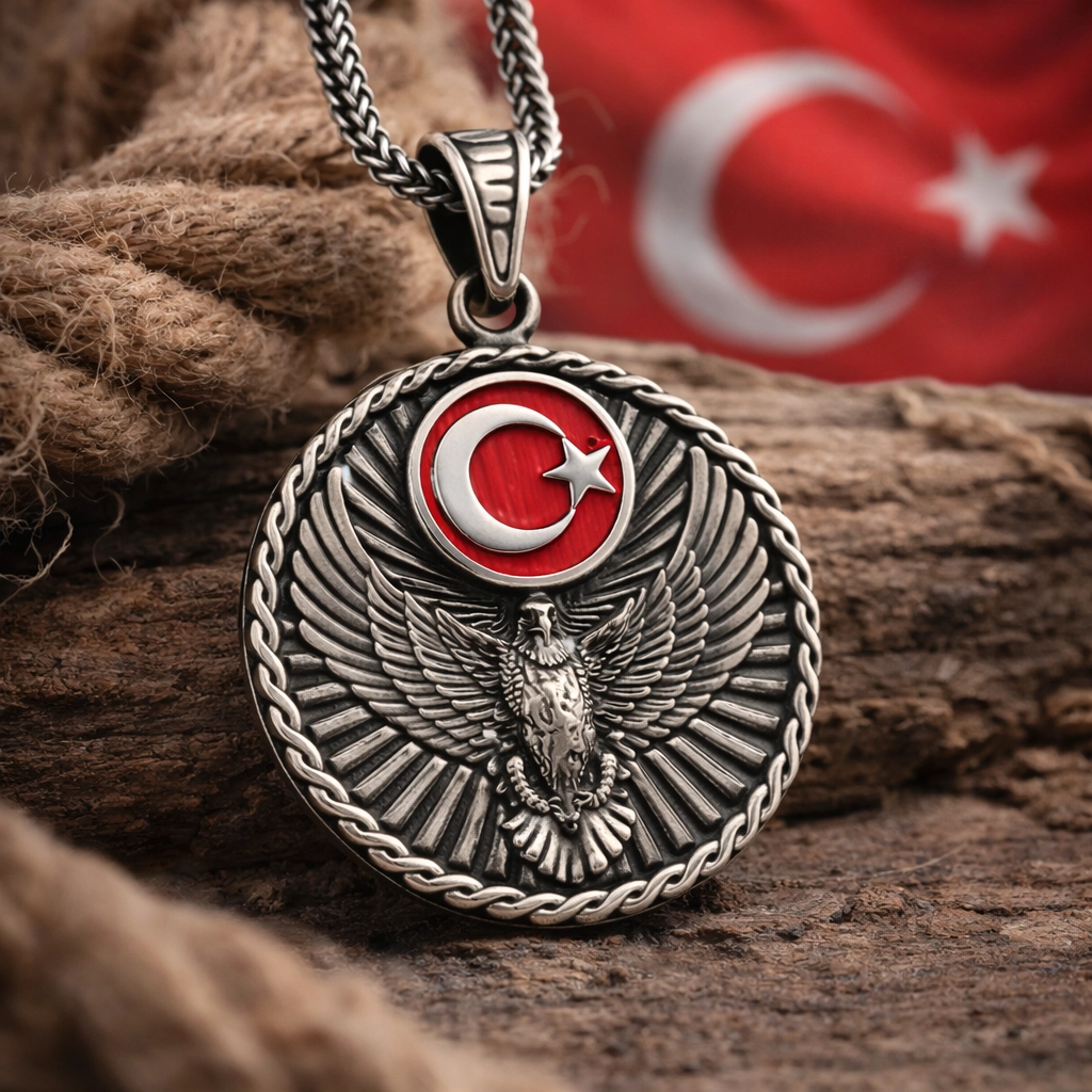 Gümüş Türk Kartalı ve Ay Yıldız Motifli Erkek Kolye