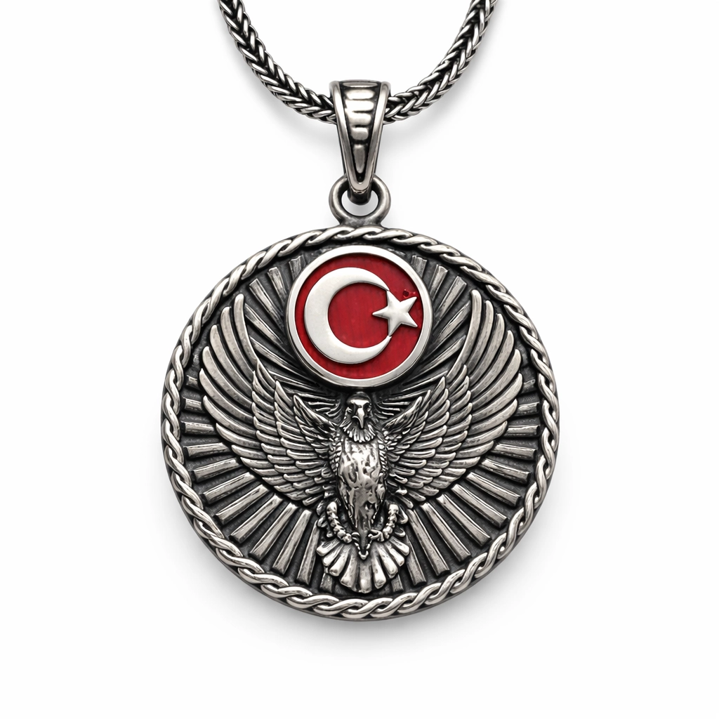 Gümüş Türk Kartalı ve Ay Yıldız Motifli Erkek Kolye