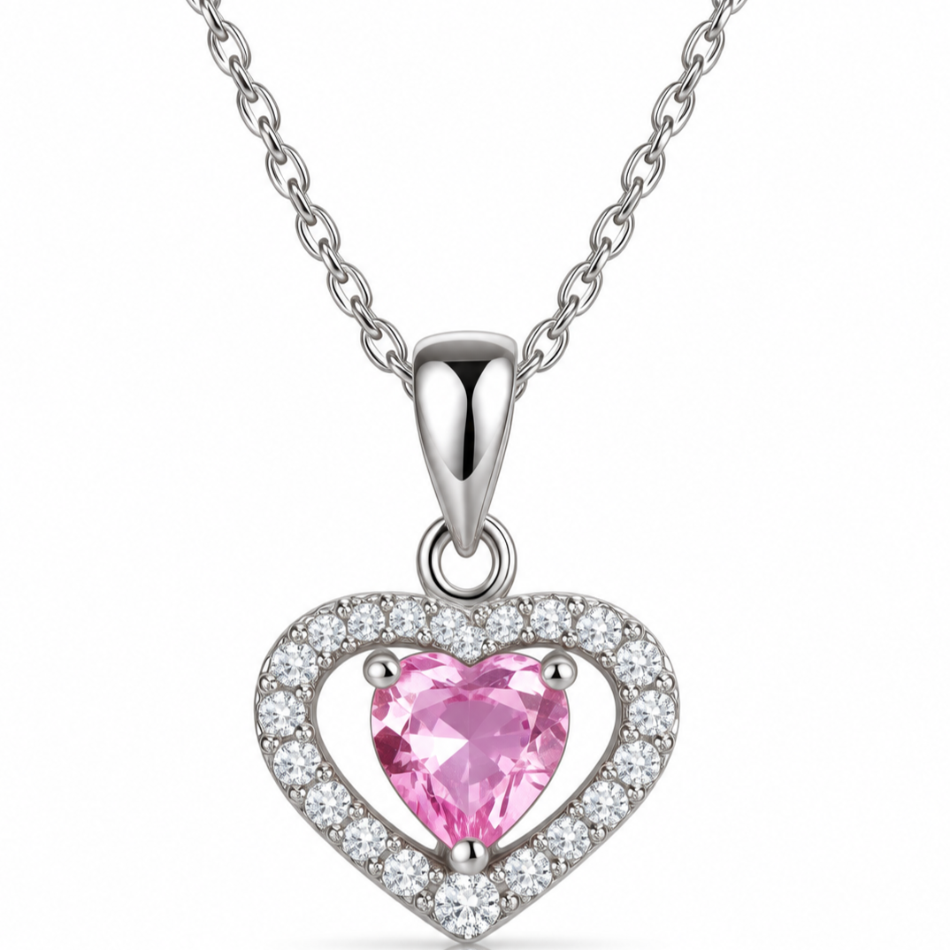 Pembe Zirkon Taşlı Gümüş Kalp Kolye – 45 cm Kadın Kolye — Nes Altın — görsel 2